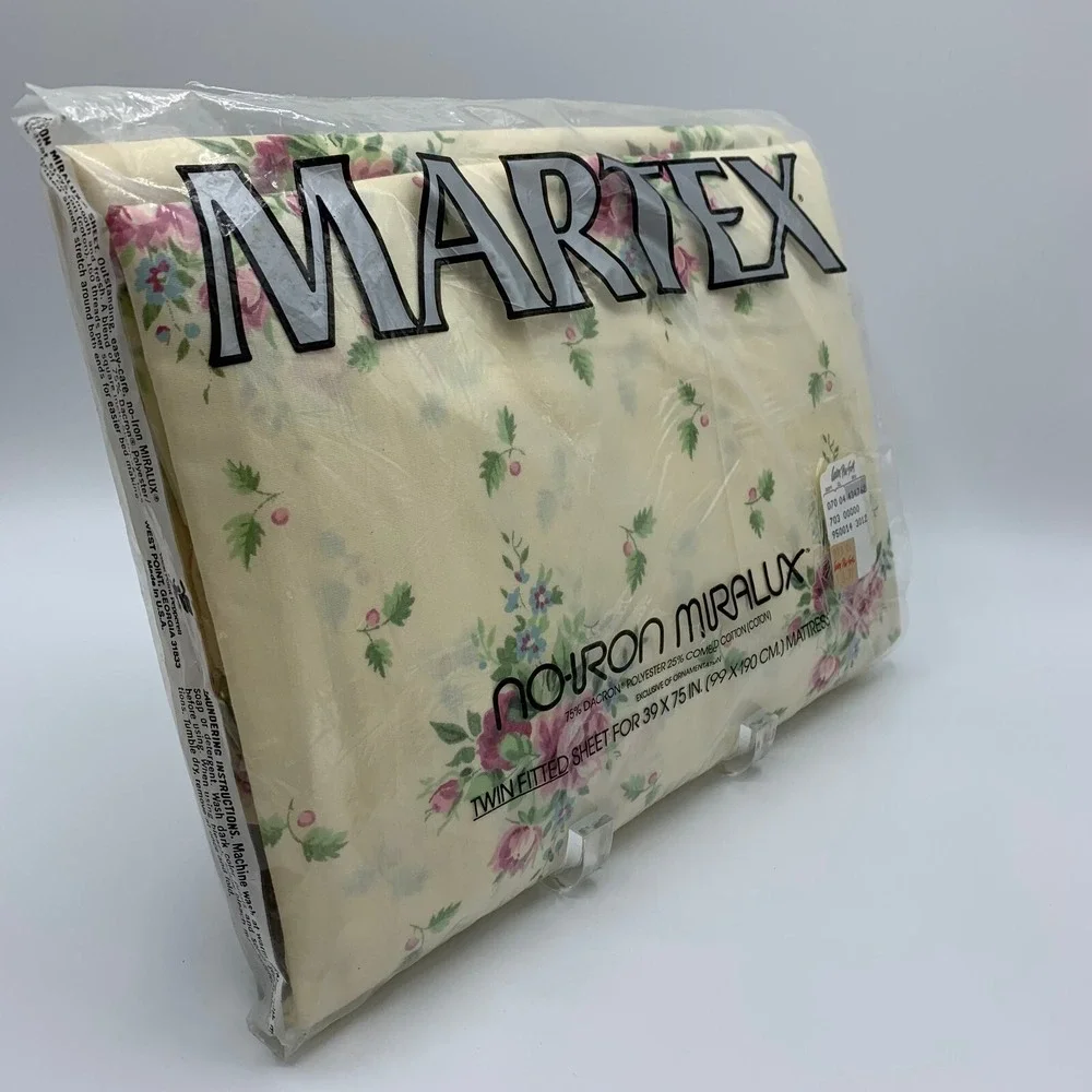 Vtg Martex No Iron Twin Fitted Sheet Cottagecore Ivory Floral Made in USA New